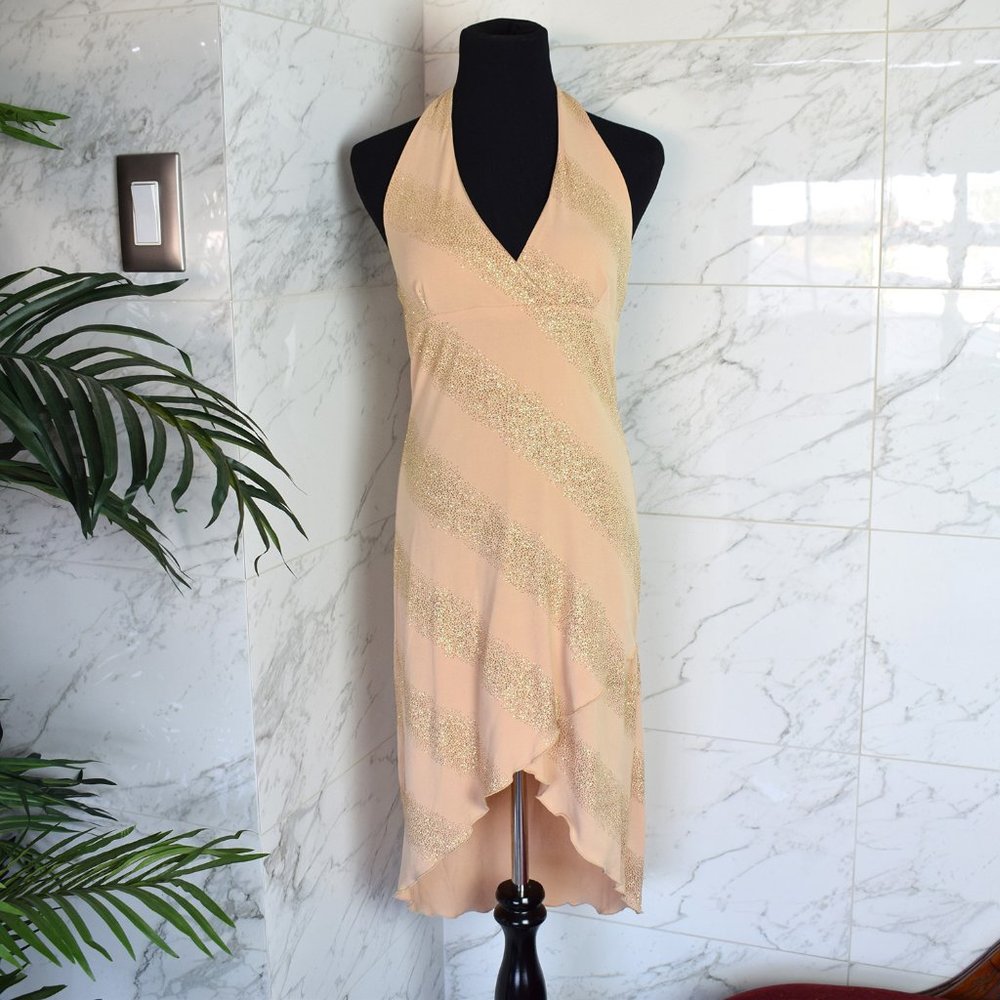 Opera Beige Gold Metallic Halter Top Dress Size M
